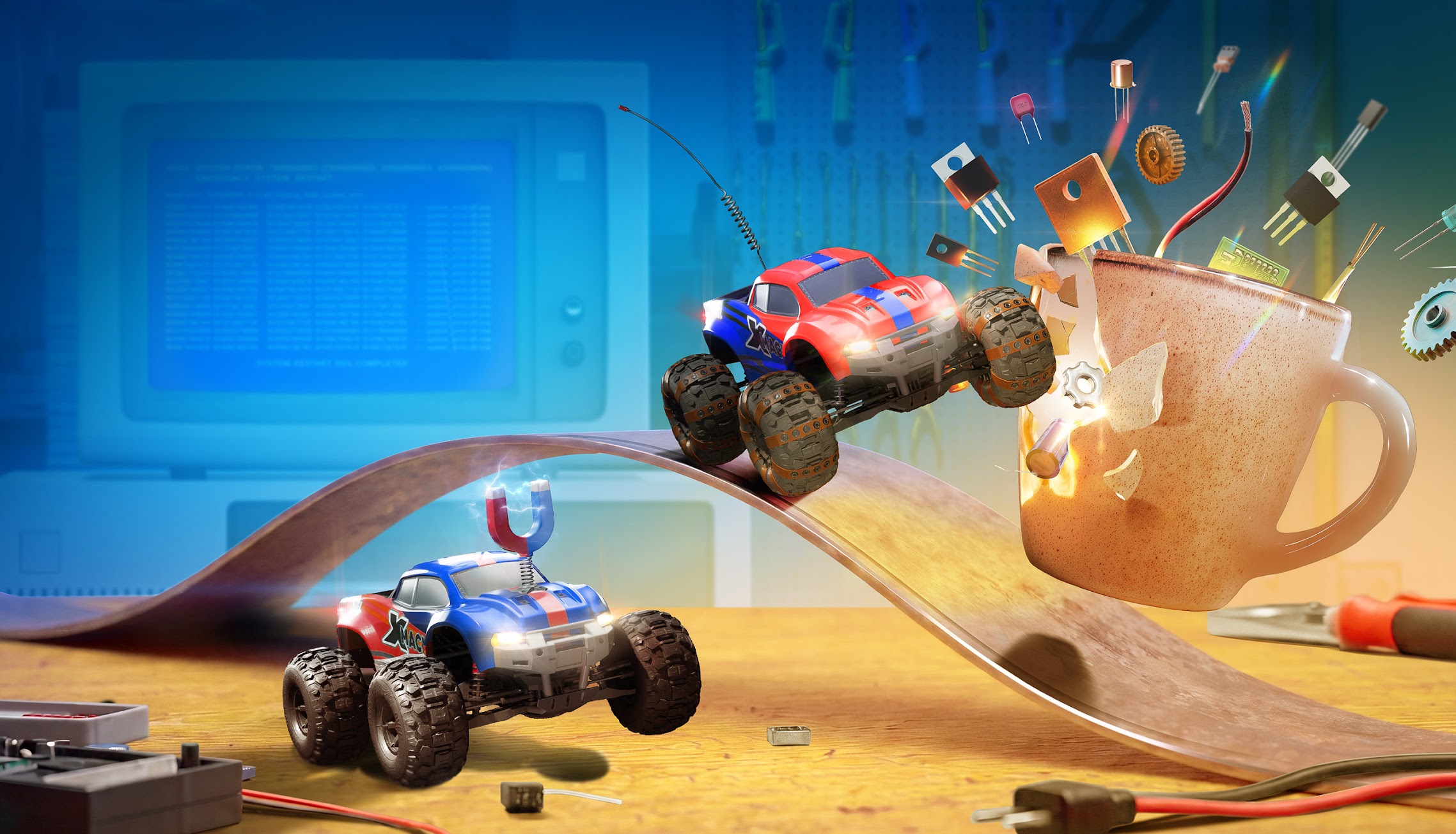 Blue and red RC cars crossing a wooden ramp beside an oversized mug in WheelMates