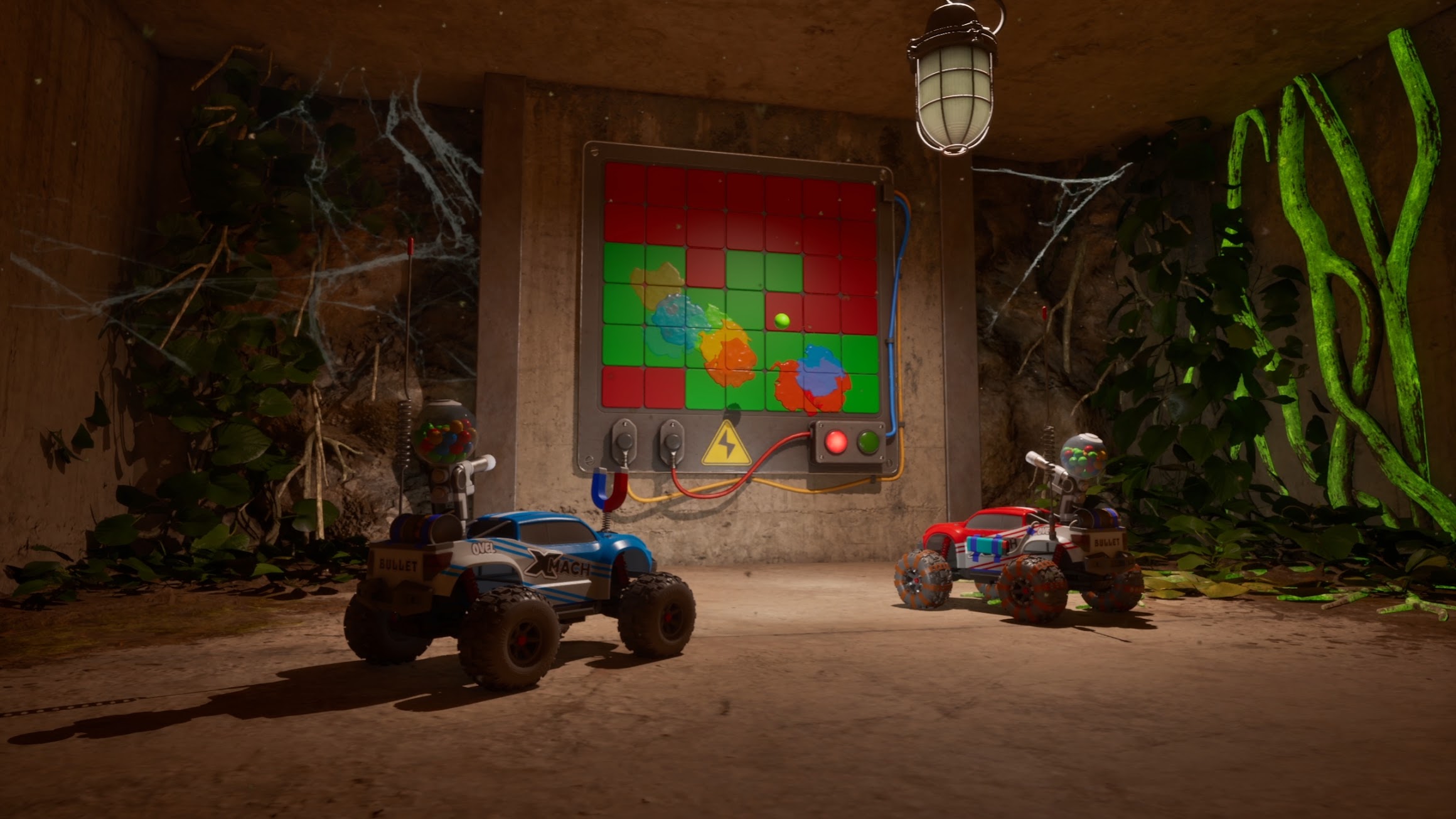 Blue and red RC cars facing a colorful wall-mounted circuit board in WheelMates