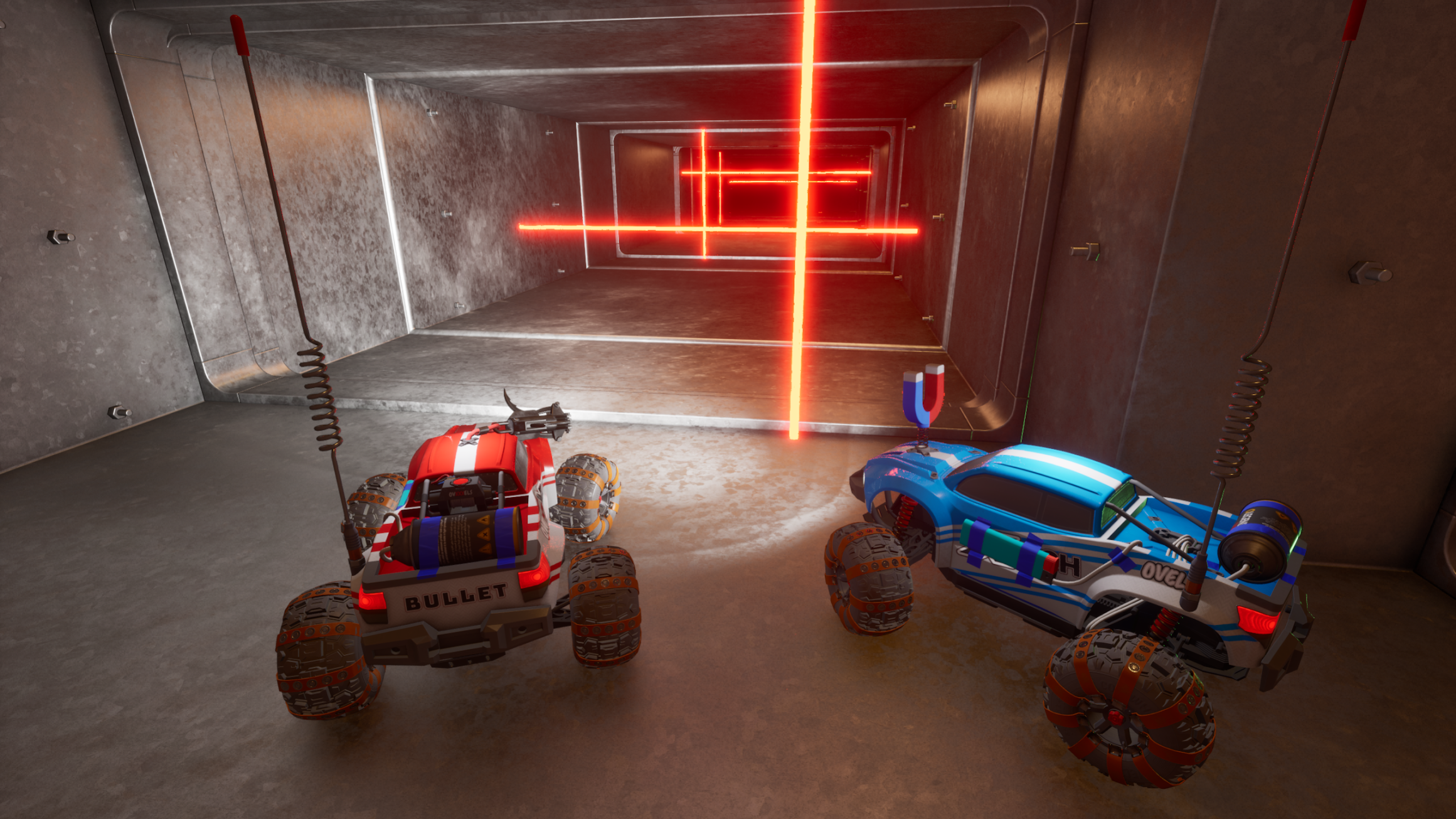 Two RC cars in a metal duct with a red cross-shaped laser ahead in WheelMates