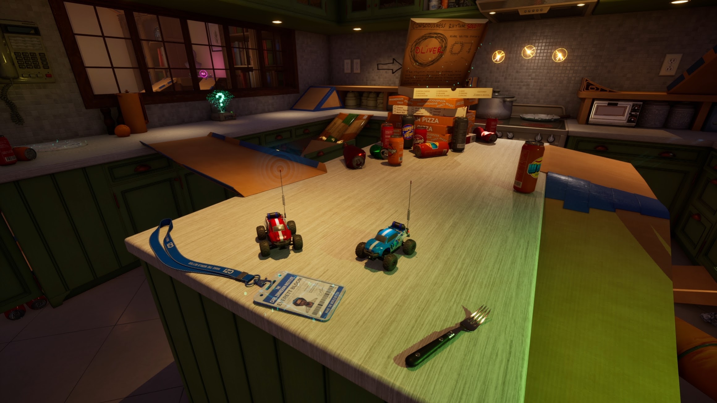 Two tiny RC cars on a kitchen tabletop with a pizza box and fork in WheelMates